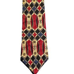 Conte Di Milano Extra-Long Italian Silk Tie Red & Black Geometric Key Pattern